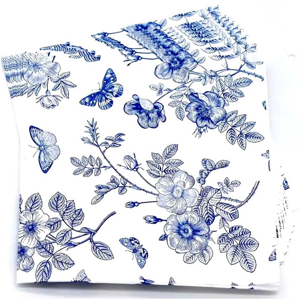 Floral Blue and White Butterfly Luncheon Napkins (1539), 20 ct